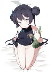 Rule 34 | 1girl, absurdres, alcohol, black dress, black hair, blue archive, blush, bottle, breasts, butterfly hair ornament, china dress, chinese clothes, closed mouth, double bun, dragon print, dress, grey eyes, grey halo, groin, hair bun, hair ornament, halo, highres, holding, holding bottle, kisaki (blue archive), komasi, legs together, long hair, looking at viewer, navel, sake, simple background, sleeveless, sleeveless dress, small breasts, solo, twintails, white background
