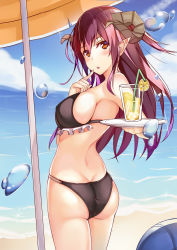 Rule 34 | 1girl, absurdres, ass, bikini, black bikini, breasts, brown hair, cup, demon girl, demon horns, drinking glass, drinking straw, finger to mouth, highres, horns, large breasts, long hair, looking back, muren k1ht, ocean, original, pointy ears, solo, swimsuit, tray, umbrella, water