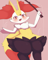 Rule 34 | 1girl, animal ear fluff, animal ears, animal nose, black fur, blush, body fur, braixen, bright pupils, creatures (company), fang, female focus, flat chest, fox ears, fox girl, fox tail, furry, furry female, game freak, gen 6 pokemon, hands up, happy, heart, highres, holding, holding stick, looking at viewer, multicolored fur, navel, neck fur, nintendo, open mouth, pink background, pokemon, pokemon (creature), red eyes, sakuyan (sakuyan1007), smile, snout, solo, standing, stick, stomach, tail, thick thighs, thighs, white fur, white pupils, wide-eyed, wide hips, yellow fur