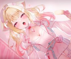 Rule 34 | 1girl, absurdres, animal ears, blonde hair, breasts, cat ears, cat girl, cat tail, cleavage, cleavage cutout, clothing cutout, collarbone, commentary request, commission, dress, hat, heart, highres, kemomimi refle!, large breasts, long hair, looking at viewer, naughty face, nekoma karin, nurse, nurse cap, open mouth, pink dress, pink hat, pink ribbon, red eyes, ribbon, saliva, saliva trail, skeb commission, solo, tail, tail ornament, tail ribbon, tongue, twintails, virtual youtuber, wing hair ornament, yu lei