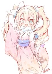 Rule 34 | 1girl, arm up, blonde hair, blue eyes, bow, curly hair, hair bow, hair ornament, japanese clothes, kimono, long hair, mayusaki yuu, obi, open mouth, original, pink kimono, pom pom (clothes), pom pom hair ornament, ribbon, sash, simple background, smile, solo, twintails, v-shaped eyebrows, white background
