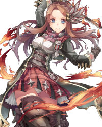 Rule 34 | 10s, 1girl, bad id, bad pixiv id, blue eyes, boots, breasts, brown hair, carren (granblue fantasy), fire, gloves, granblue fantasy, hair ornament, highres, karen (granblue fantasy), long hair, looking at viewer, panties, pantyshot, plaid, plaid skirt, saraki, skirt, smile, solo, sword, thigh boots, thighhighs, underwear, weapon