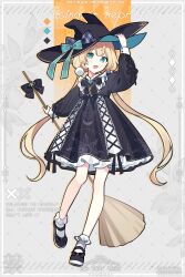 Rule 34 | 1girl, :3, :d, adjusting clothes, adjusting headwear, aqua eyes, black bow, black bowtie, black dress, black footwear, black hat, black ribbon, blonde hair, bobby socks, bow, bowtie, broom, cross-laced clothes, dress, full body, hat, hat with ears, highres, holding, holding broom, long hair, long sleeves, looking at viewer, low twintails, millie parfait, nijisanji, nijisanji en, open mouth, puffy long sleeves, puffy sleeves, ribbon, shoes, smile, socks, solo, sun print, twintails, very long hair, virtual youtuber, waka (wk4444), witch