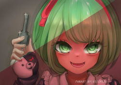 Rule 34 | 1girl, artist name, black dress, bow, danganronpa (series), danganronpa another episode: ultra despair girls, dress, eyelashes, female focus, fingernails, green eyes, green hair, grey background, hair bow, hair ribbon, hairband, headband, highres, holding, holding key, key, long sleeves, looking at viewer, lower teeth only, matching hair/eyes, monokuma, nose, open mouth, palms, pink lips, red bow, red hairband, red headband, red headwear, red ribbon, red tint, ribbon, signature, simple background, solo, swastika, teeth, tinted, tongue, towa monaca, upper body, upper teeth only, viichizu