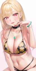 Rule 34 | 1girl, :q, barbell piercing, bare shoulders, bead bracelet, beads, bikini, black bikini, black choker, blonde hair, blush, bracelet, breasts, choker, cleavage, collarbone, ear piercing, earrings, eyelashes, fingernails, floral print, gradient hair, highres, jewelry, kitagawa marin, large breasts, licking lips, lipstick, long fingernails, long hair, looking at viewer, makeup, multicolored hair, nail polish, navel, necklace, o-ring, o-ring bikini, parted lips, piercing, pink eyes, pink hair, pink nails, print bikini, ring, silver tokki, simple background, sitting, skindentation, smile, sono bisque doll wa koi wo suru, stomach, swimsuit, tongue, tongue out, very long hair, white background