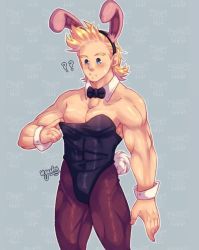 Rule 34 | 1boy, addy (@vegeebs), alternate costume, animal ears, bare shoulders, boku no hero academia, bow, bowtie, rabbit ears, rabbit tail, covered abs, covered navel, crossdressing, detached collar, fake animal ears, fake tail, highres, latex, latex legwear, leotard, pectoral cleavage, male focus, male playboy bunny, muscular, muscular male, pantyhose, pectorals, protected link, short hair, skin tight, solo, strapless, strapless leotard, tail, thick thighs, thighs, togata mirio, wing collar, wrist cuffs