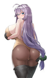 Rule 34 | 1girl, absurdres, ahoge, ass, black gloves, blue eyes, blush, boots, breasts, brown thighhighs, chest strap, eleszaykr, from behind, gloves, gnome (last origin), hair between eyes, highres, huge breasts, last origin, leotard, long hair, looking at viewer, pantyhose, sideboob, silver hair, solo, thigh boots, thighhighs, very long hair, yellow leotard