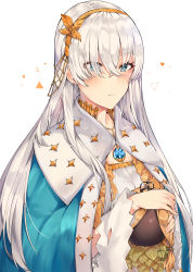 Rule 34 | 1girl, absurdres, anastasia (fate), blue eyes, cape, fate/grand order, fate (series), hair between eyes, hair ornament, hair over one eye, hairband, highres, leaf hair ornament, long hair, looking at viewer, silver hair, simple background, solo, tuxedo de cat, very long hair, white background