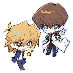 Rule 34 | 2boys, :o, arm strap, belt, black belt, black footwear, black pants, black shirt, blonde hair, blue eyes, blue jacket, blue outline, blue pants, blush, boots, bracer, bright pupils, brown eyes, brown hair, card, chibi, chinese commentary, coat, commentary, domino high school uniform, full body, hand up, hands on own hips, happy, highres, holding, holding card, jacket, jewelry, jonouchi katsuya, kaiba seto, kakera4205, knee up, long sleeves, male focus, multiple boys, necklace, open mouth, outline, pants, school uniform, shirt, shoes, short hair, simple background, sleeveless, sleeveless coat, smile, sneakers, standing, star (symbol), trading card, two-sided coat, two-sided fabric, white background, white coat, white shirt, yu-gi-oh!, yu-gi-oh! duel monsters