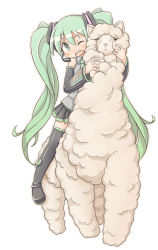Rule 34 | 1girl, alpaca, aqua eyes, aqua hair, detached sleeves, gunjima souichirou, hatsune miku, headphones, headset, highres, long hair, looking at viewer, necktie, one eye closed, open mouth, riding, riding animal, simple background, skirt, smile, solo, thighhighs, twintails, very long hair, vocaloid, wink