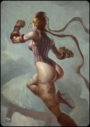 Rule 34 | ass, back, blonde hair, boots, braid, breasts, cammy white, camouflage, capcom, fingerless gloves, garrison cap, gloves, hat, leotard, long hair, obscured face, sergio diaz, sideboob, street fighter, twin braids