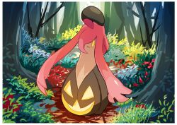 Rule 34 | creatures (company), extra eyes, extra mouth, game freak, gen 6 pokemon, ghost, glowing, gourgeist, grass, hand hair, hazikamiio, highres, nature, nintendo, outdoors, pokemon, pokemon (creature), pumpkin, smile, solo, tree, yellow eyes