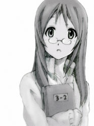 Rule 34 | 1girl, amaoto, book, female focus, glasses, gradient background, greyscale, k-on!, monochrome, solo, white background, yamanaka sawako