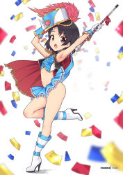 Rule 34 | 1girl, :o, aiguillette, armpits, arms up, black hair, blue cloak, blue skirt, boots, cloak, commentary request, confetti, cropped shirt, fanbox username, full body, hat, high heels, holding baton, idolmaster, idolmaster cinderella girls, knee boots, looking at viewer, marching band, marching band baton, microskirt, navel, no panties, sasaki chie, shako cap, shirt, short hair, skirt, sleeveless, sleeveless shirt, solo, standing, standing on one leg, stomach, two-sided cloak, two-sided fabric, virus-g