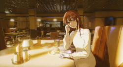 Rule 34 | 1girl, beige sweater, black eyes, brown hair, cafe, chinese commentary, commentary, dress, indoors, jewelry, long hair, long sleeves, looking at viewer, maionese, original, parted lips, pendant, sidelocks, sitting, solo, sunlight, sweater, sweater dress, unreal (medium)