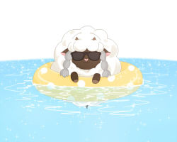 Rule 34 | amano himame, commentary request, creatures (company), game freak, gen 8 pokemon, heart, horns, in water, innertube, looking at viewer, nintendo, no humans, pokemon, pokemon (creature), sheep, smile, solo, sparkle, sunglasses, swim ring, water, white background, wooloo, yellow innertube
