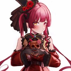 Rule 34 | 1girl, black gloves, black ribbon, blush, cleavage, closed mouth, detached sleeves, dokuro-kun (houshou marine), dress, flower, frown, gloves, gothic lolita, hair ribbon, hat, heterochromia, highres, hololive, houshou marine, houshou marine (gothic lolita), lolita fashion, long hair, long sleeves, looking at viewer, official alternate costume, oni0417, own hands together, red dress, red eyes, red flower, red hair, red rose, ribbon, rose, see-through, see-through cleavage, skull, solo, top hat, twintails, upper body, virtual youtuber, white background, yellow eyes