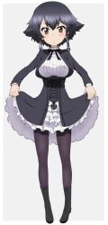 Rule 34 | 1girl, alternate costume, black dress, black footwear, black hair, black pantyhose, blush, boots, braid, breasts, brown eyes, closed mouth, commentary, cosplay, dorothy (princess principal), dorothy (princess principal) (cosplay), dress, frilled dress, frills, frown, full body, girls und panzer, grey background, hair tie, highres, kayabakoro, large breasts, long sleeves, looking at viewer, medium dress, pantyhose, pepperoni (girls und panzer), princess principal, short hair, side braid, skirt hold, solo, standing, taichi you, voice actor connection