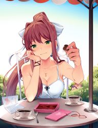 Rule 34 | 4girls, bare shoulders, blush, bow, box, box of chocolates, breasts, brown hair, bush, camisole, chair, chocolate, cleavage, commentary, cup, day, doki doki literature club, fingernails, food, green eyes, greeting card, hair bow, hair intakes, head rest, heart, highres, holding, holding chocolate, holding food, jewelry, long hair, looking at viewer, medium breasts, monika (doki doki literature club), multiple girls, natsuki (doki doki literature club), o o, official art, outdoors, pendant, ponytail, ribbon, satchely, sayori (doki doki literature club), seductive smile, sitting, smile, solo focus, spaghetti strap, surprised, table, tea, teacup, teaspoon, umbrella, valentine, very long hair, yuri (doki doki literature club)