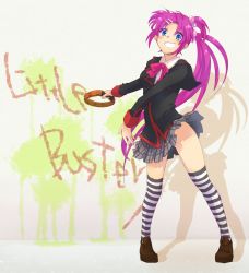 Rule 34 | 1girl, blue eyes, bow, grin, hair bobbles, hair ornament, instrument, little busters!, long hair, no panties, no pants, nojima, pink bow, plaid, plaid skirt, purple hair, saigusa haruka, school uniform, side ponytail, skirt, smile, solo, striped clothes, striped thighhighs, tambourine, thighhighs