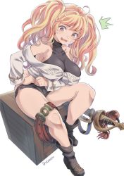 Rule 34 | 1girl, ahoge, belt, blonde hair, blush, boots, breasts, granblue fantasy, highres, large breasts, monika weisswind, open mouth, scabbard, sheath, shorts, simple background, sitting, solo, sword, torn clothes, vinhnyu, wavy hair, weapon