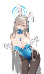 Rule 34 | 1girl, absurdres, animal ears, asuna (blue archive), asuna (bunny) (blue archive), bare shoulders, between breasts, blue archive, blue bow, blue bowtie, blue eyes, blue leotard, blush, bow, bowtie, breasts, card, cleavage, detached collar, fake animal ears, gloves, hair over one eye, halo, highleg, highleg leotard, highres, large breasts, leaning forward, leotard, light brown hair, long hair, looking at viewer, mole, mole on breast, official alternate costume, one eye closed, painterliuhao, pantyhose, playboy bunny, playing card, rabbit ears, ribbon, simple background, smile, solo, strapless, strapless leotard, thigh gap, traditional bowtie, very long hair, white background, white gloves