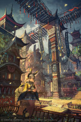 Rule 34 | 1girl, ankle boots, architecture, bandana, banner, bespin, boots, bracelet, bridge, building, carrying, city, cloud, day, east asian architecture, fantasy, grey eyes, grey hair, highres, jewelry, light particles, looking at viewer, original, scenery, short hair, skirt, sky, solo, tree, vase, walking, watermark, web address
