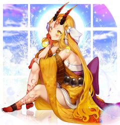 Rule 34 | 1girl, bare shoulders, barefoot, beads, blue sky, blush, breasts, closed mouth, facial mark, fang, fate/grand order, fate (series), feet, floral print, forehead, forehead mark, hair pulled back, hair ribbon, horns, ibaraki douji (fate), japanese clothes, kimono, knee up, legs, long hair, long sleeves, long toenails, looking at viewer, oni, oni horns, pointy ears, puchipu, ribbon, sash, sharp toenails, sitting, sky, small breasts, smile, solo, sun, tattoo, toenails, very long hair, white ribbon, wide sleeves, yellow eyes, yellow kimono
