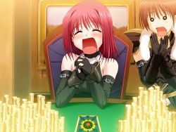 Rule 34 | 2girls, broke, closed eyes, game cg, gloves, gold, kannatsuki noboru, maou to odore!, money, multiple girls, open mouth, poker, poker table, red hair, source request, table, wicca amurita