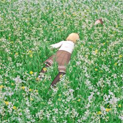 Rule 34 | 1girl, black thighhighs, blonde hair, brown skirt, commentary, day, derivative work, english commentary, faceplant, field, flower, flower field, grass, green theme, hat, unworn hat, unworn headwear, highres, hololive, hololive english, long sleeves, moon ldl, on grass, outdoors, parody, porter robinson, shirt, short hair, skirt, solo, thighhighs, virtual youtuber, watson amelia, white flower, white shirt, yellow flower