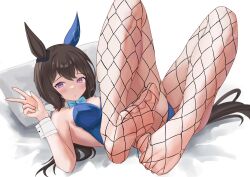 Rule 34 | 1girl, admire vega (umamusume), animal ears, bare shoulders, blue bow, blue bowtie, blue leotard, blush, bow, bowtie, breasts, brown hair, closed mouth, commentary request, detached collar, dush 1154, ear covers, feet, fishnet pantyhose, fishnets, foot focus, hair between eyes, highres, horse ears, horse girl, horse tail, leotard, long hair, medium breasts, nontraditional playboy bunny, on bed, pantyhose, pillow, purple eyes, simple background, single ear cover, soles, solo, strapless, strapless leotard, tail, toes, umamusume, w, white background, wrist cuffs