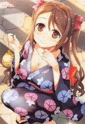Rule 34 | 1girl, blush, bow, bowtie, breasts, brown eyes, brown hair, cleavage, collarbone, feet, floral print, hair ribbon, highres, holding, japanese clothes, kimono, kneeling, large breasts, long hair, looking at viewer, obi, original, outdoors, ribbon, sandals, sash, scan, smile, solo, squatting, toes, twintails, wide sleeves, yan-yam