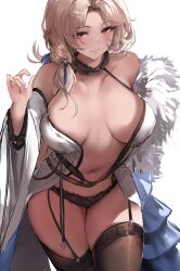 Rule 34 | 1girl, absurdres, bare shoulders, black garter straps, black panties, black thighhighs, blonde hair, breasts, cleavage, closed mouth, collarbone, commentary, cowboy shot, english commentary, garter straps, goddess of victory: nikke, highres, large breasts, liaowen, long hair, long sleeves, looking at viewer, ludmilla (nikke), ludmilla (winter owner) (nikke), navel, off shoulder, official alternate costume, panties, red eyes, simple background, smile, solo, thighhighs, thighs, underwear, white background, wide sleeves