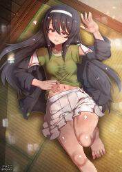 Rule 34 | 1girl, barefoot, black hair, blush, breasts, brown eyes, foot out of frame, from above, girls und panzer, hairband, highres, indoors, long hair, looking at viewer, lying, megadeko, military uniform, navel, on back, on floor, ooarai military uniform, open mouth, reizei mako, small breasts, smile, solo, uniform, wooden floor