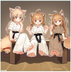 Rule 34 | +++, 3girls, ?, ??, ahoge, animal ear fluff, animal ears, artist name, barefoot, bear ears, bell, belt, black belt, blush, brown eyes, brown hair, brown kimono, brown pants, child, chinese commentary, chromatic aberration, closed mouth, commentary request, dougi, eighth note, feet, flat chest, flying sweatdrops, fox ears, fox girl, fox tail, full body, hair bell, hair ornament, highres, japanese clothes, jingle bell, kimono, kuma-bound, light brown hair, long hair, low twintails, multiple girls, musical note, original, pants, parted lips, red eyes, short hair, short sleeves, sitting, smile, soles, tail, tail bell, tail ornament, teeth, toes, twintails, upper teeth only, v, white kimono, white pants, wrist cuffs