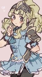 Rule 34 | 1girl, arm behind back, armor, black pantyhose, blonde hair, blue dress, brown eyes, clair (fire emblem), closed mouth, commentary, cowboy shot, dress, fire emblem, fire emblem echoes: shadows of valentia, hair ornament, heart, high ponytail, long hair, looking at viewer, mbkmmm, nintendo, pantyhose, pink background, ponytail, short sleeves, shoulder armor, smile, solo