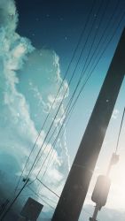 Rule 34 | absurdres, banishment, blue sky, cloud, cloudy sky, highres, light particles, no humans, original, outdoors, power lines, scenery, sky, sunlight, utility pole