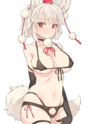 Rule 34 | 1girl, animal ear fluff, animal ears, arm behind back, bare shoulders, bikini, black bikini, black choker, black gloves, blush, breasts, brown eyes, choker, collarbone, commentary request, cowboy shot, elbow gloves, front-tie bikini top, front-tie top, gloves, hair between eyes, hat, inubashiri momiji, large breasts, looking at viewer, multi-strapped bikini, navel, nose blush, pom pom (clothes), short hair, silver hair, simple background, skindentation, solo, standing, stomach, swimsuit, tail, tassel, tokin hat, touhou, tsukeo, underwear, white background, wolf ears, wolf tail