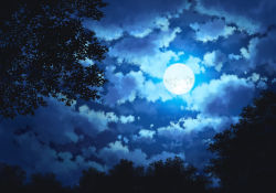 Rule 34 | blue sky, blue theme, cloud, cloudy sky, commentary, day, forest, full moon, highres, moon, moonlight, nature, no humans, outdoors, sakanamodoki, scenery, sky, tree