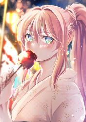 Rule 34 | 1girl, blue eyes, braid, candy apple, crown braid, double-parted bangs, eating, food, hair between eyes, hanasakuraya, highres, holding, holding food, japanese clothes, kimono, looking at viewer, pink hair, ponytail, portrait, shionne (tales), sidelocks, signature, solo, tales of (series), tales of arise, upper body