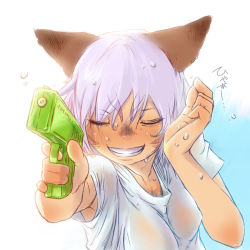 Rule 34 | 00s, 1girl, animal ears, bad id, bad pixiv id, closed eyes, comic, final fantasy, final fantasy xi, foreshortening, grin, mithra (ff11), nucomas, purple hair, see-through, shirt, simple background, smile, solo, water, water gun, wet, wet clothes, wet shirt, white background