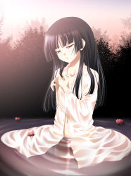 Rule 34 | 00s, 1girl, adjusting hair, black hair, blunt bangs, covered erect nipples, enma ai, flat chest, flower, hime cut, igul, jigoku shoujo, lake, long hair, navel, open clothes, open shirt, outdoors, red eyes, shirt, sky, solo, sunset, tears, wading, water, wet