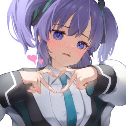 Rule 34 | 1girl, aqua necktie, bananafish1111, black jacket, blue archive, blue eyes, blush, coat, collared shirt, eyelashes, hair between eyes, heart, heart hands, highres, jacket, long sleeves, looking at viewer, necktie, open clothes, parted lips, purple hair, shirt, simple background, solo, two side up, upper body, white coat, white shirt, yuuka (blue archive)