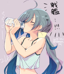 Rule 34 | 10s, 1girl, ahoge, bottle, camisole, closed eyes, dated, drink, drinking, kantai collection, kiyoshimo (kancolle), long hair, low twintails, milk, natsuhiko, simple background, solo, tank top, twintails, twitter username, upper body
