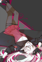 Rule 34 | 1girl, arknights, black footwear, black gloves, black jacket, black pantyhose, breasts, cleavage, dress, english text, fangs, gloves, grey background, highres, jacket, long hair, lying, messy hair, mizuno star, open mouth, pantyhose, red dress, red eyes, simple background, sleeves rolled up, solo, vampire, warfarin (arknights), warfarin (elite ii) (arknights), white hair