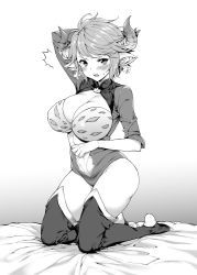 Rule 34 | 10s, 1girl, animal ears, bed, breasts, cleavage, cow ears, draph, earrings, embarrassed, granblue fantasy, greyscale, horns, jewelry, kneeling, large breasts, monochrome, mushi024, short hair, sturm (granblue fantasy), thighhighs, thighs