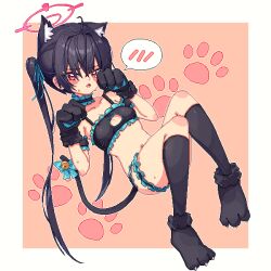 Rule 34 | 1girl, 2049 (hh5566), animal ear fluff, animal ears, animal hands, bell, black bra, black hair, black panties, blue archive, blue ribbon, blush, bow, bra, breasts, cat cutout, cat ears, cat lingerie, choker, clothing cutout, embarrassed, frilled bra, frilled choker, frilled panties, frills, full body, gloves, hair ribbon, halo, long hair, looking at viewer, meme attire, panties, paw gloves, paw shoes, pixel art, red eyes, ribbon, serika (blue archive), small breasts, solo, spoken blush, sweat, tail, tail bell, tail bow, tail ornament, thigh strap, twintails, underwear