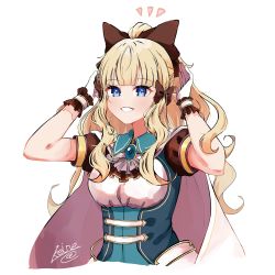 Rule 34 | 1girl, absurdres, black bow, blonde hair, blue eyes, blunt bangs, blush, bow, breasts, dot nose, elf, hair bow, hair ornament, highres, keinesandayoooo, large breasts, long hair, looking at viewer, open mouth, pointy ears, ponytail, princess connect!, saren (princess connect!), simple background, smile, solo, white background