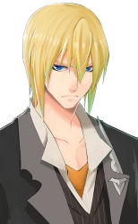 Rule 34 | 1boy, blonde hair, blue eyes, coat, eizen (tales), expressionless, looking at viewer, male focus, orange shirt, shirt, solo, tales of (series), tales of berseria, tktg, upper body, white background