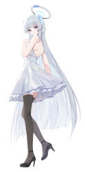 Rule 34 | 1girl, absurdres, alternate costume, black footwear, black thighhighs, blue archive, closed mouth, dress, full body, gnns, grey hair, halo, high heels, highres, long hair, looking at viewer, mechanical halo, noa (blue archive), purple eyes, simple background, sleeveless, sleeveless dress, smile, solo, thighhighs, white background, white dress